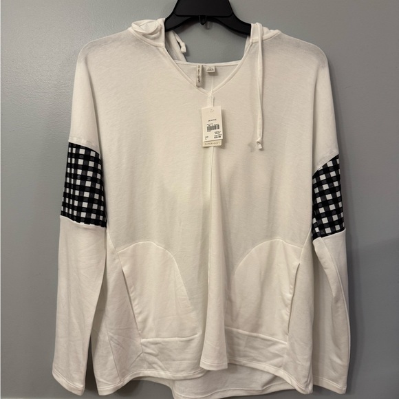 White Hoodie with Black Checkered Sleeves - Picture 1 of 3